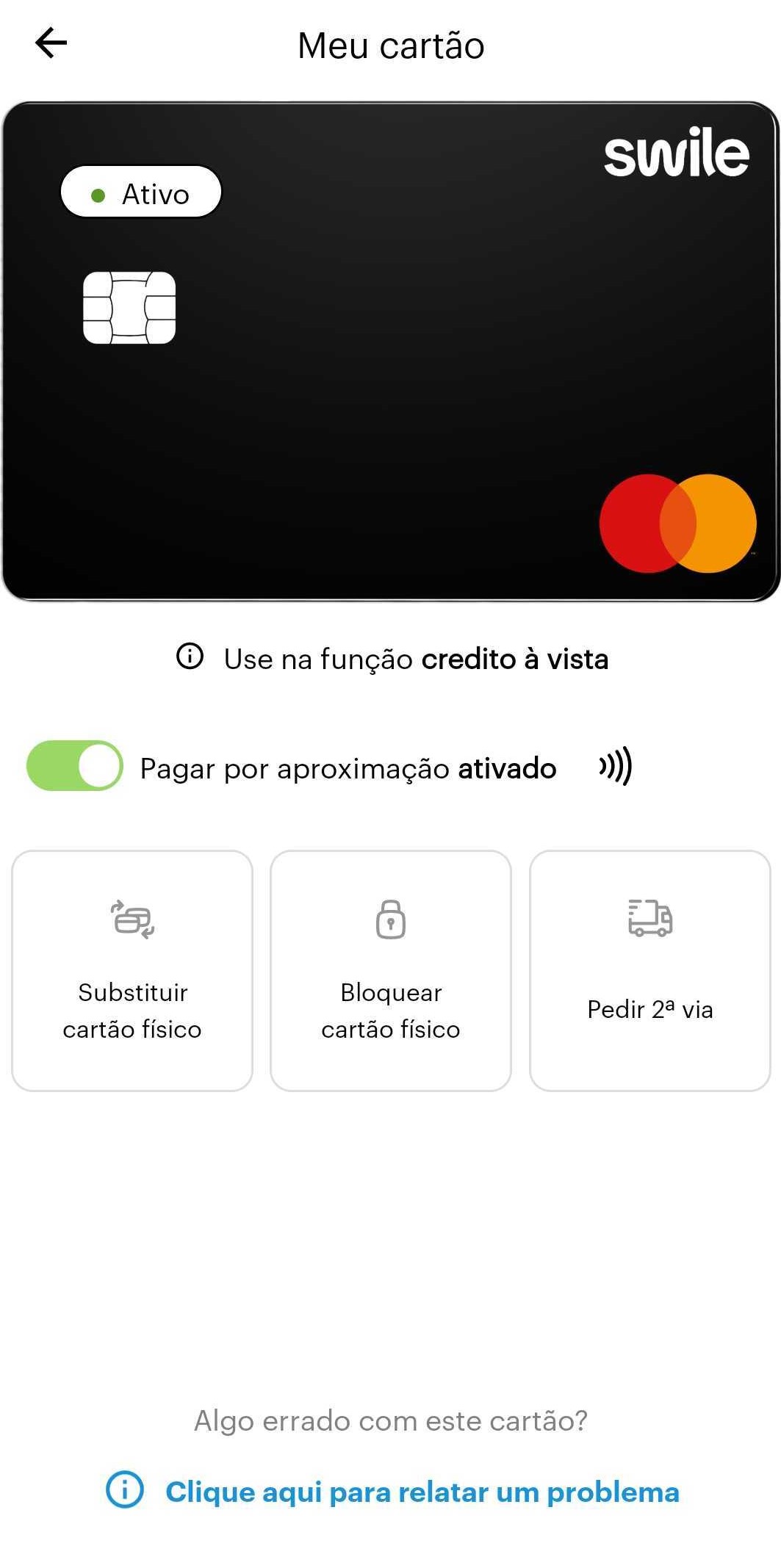 Interface do aplicativo Swile mostrando o cartão com o status Ativo no canto superior esquerdo