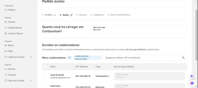 Tela para selecionar os colaboradores e digitar o valor do pedido avulso