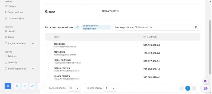 Tela de seleção dos colaboradores do grupo que receberão saldo