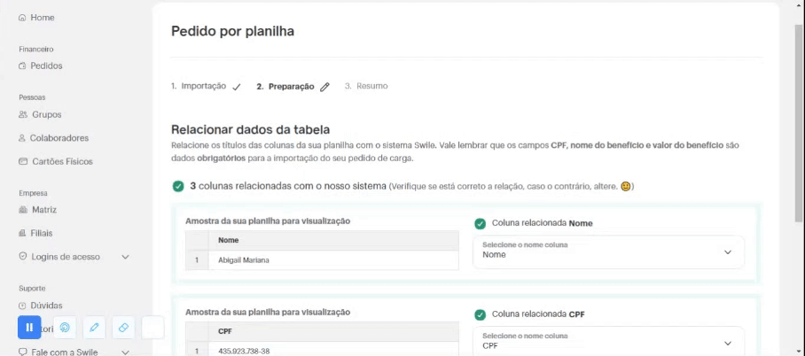 Tela de relacionamento e conferência das colunas da planilha