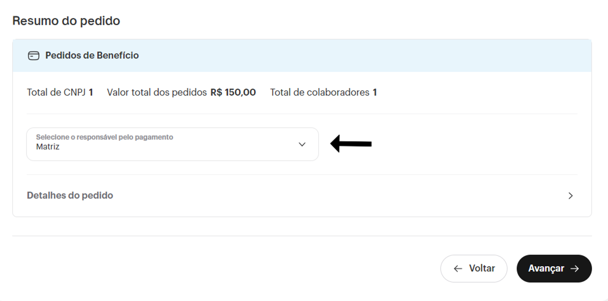 Tela para selecionar a empresa pagadora do pedido por planilha