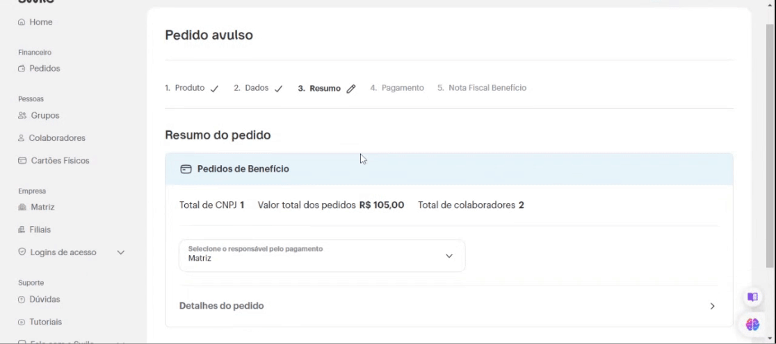 Tela de seleção da empresa pagadora do pedido