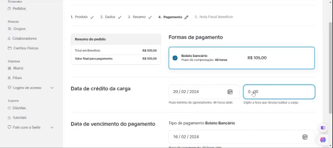 Tela com os calendários de vencimento do boleto e liberação da carga