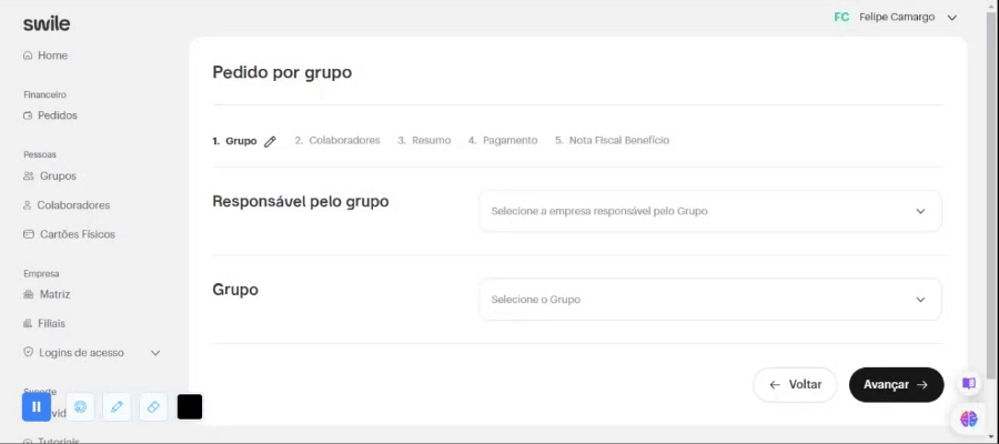 Tela para vincular a empresa ao grupo selecionado