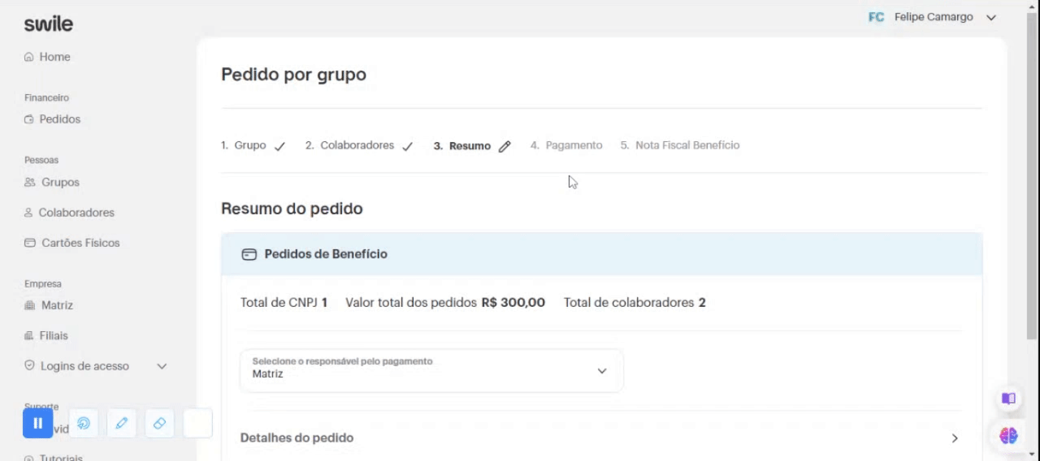 Tela para apontar qual empresa fará o pagamento do grupo