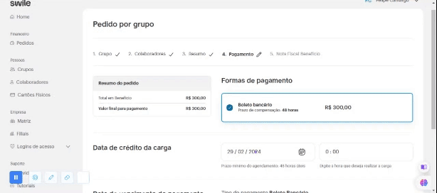 Tela de seleção de datas de vencimento e crédito para o pedido em grupo