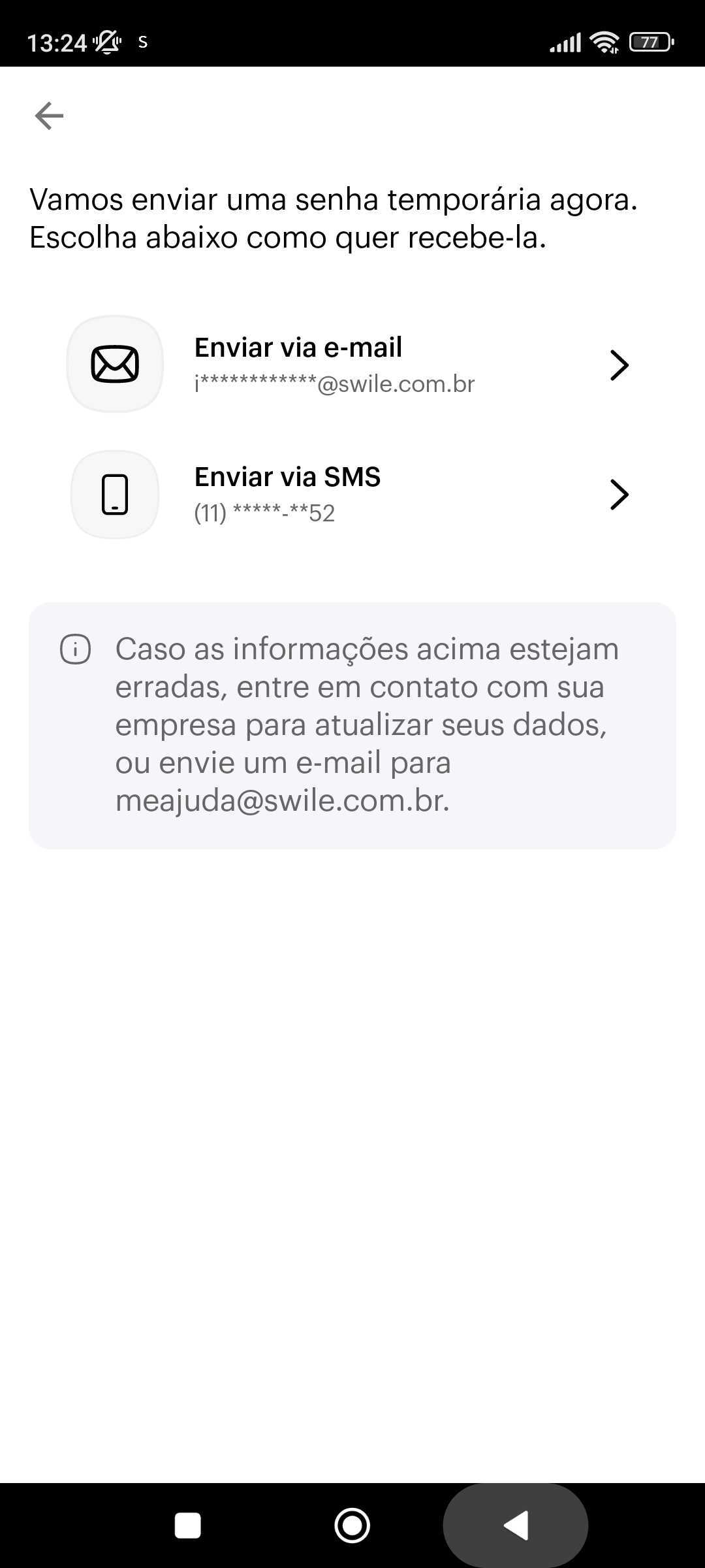 Tela do aplicativo Swile mostrando o campo para digitar a senha temporária recebida